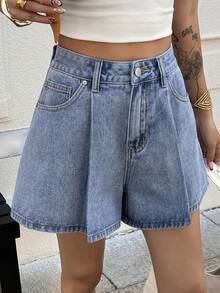 DAZY Quần short denim dáng chữ A cạp cao thời trang retro, giúp thon gọn và kéo dài chân, phù hợp cho mùa xuân/hè. - Rửa tối - Xem 6