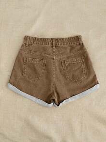 Breezaya 女士刺绣简约休闲牛仔短裤 - 卡其色 - 查看 2