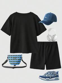 SHEIN 2pcs/Set Young Girls' Six Seven Print Knit Loose T-Shirt + Leggings Set, Casual, Fashionable, Versatile, Suitable For Party, Outing, Photoshoot With Friends, Park, Camping, Vacation, Daily Casual Wear - Black - View 2