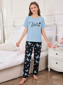 少女蓝色短袖蝴蝶印花上衣搭配宽松黑色针织裤，休闲优雅两件套家居服/睡衣套装 - 藍色 - 查看 6