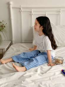 DAZY Young Girl Letter & Cartoon Cat Print Short Sleeve T-Shirt And Plaid Wide Leg Pants Pajamas Set - White - View 6