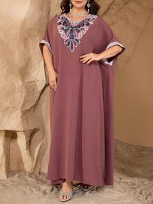 Al Najma Plus Size Women's V-Neck Rhinestone Decor Elegant Luxurious Arabic Style Dress, Everyday Wear - Pink - View 7