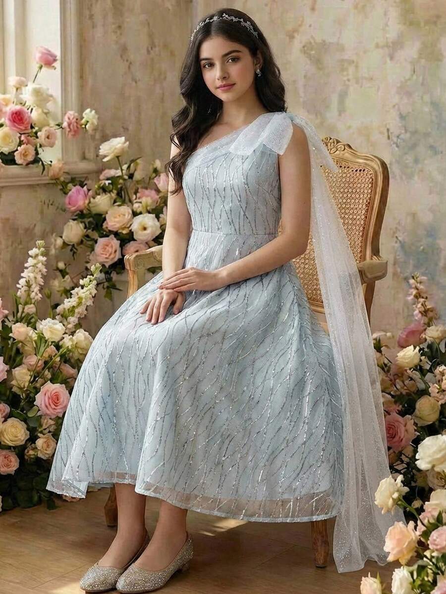 SHEIN Pitira Đầm maxi dáng chữ A bất đối xứng, eo xếp ly, thêu hoa thanh lịch dành cho thiếu nữ. - màu xanh lá - Xem 1