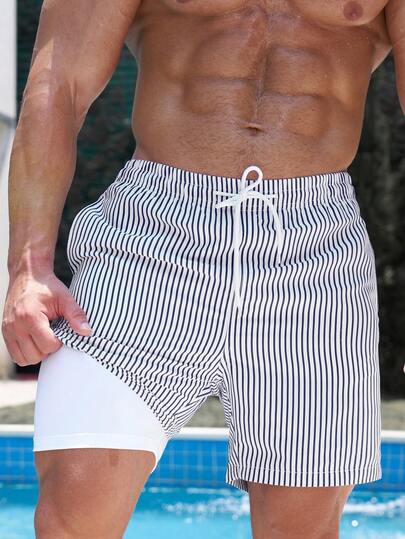 Zalmeno Pantalones cortos casuales de playa con estampado de rayas, bolsillos en diagonal y cordón en la cintura para hombres