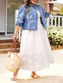 EMERY ROSE Plus Size Women Long Sleeve Single-Breasted Casual Fashion Embroidered Denim Jacket - Medium Wash - View 6