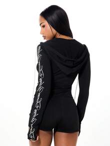 SUMWON WOMEN Long Sleeve Hooded Script Print Zip Up Unitard With Shorts Bottom For Casual Wear Fall Winter - Black - View 2