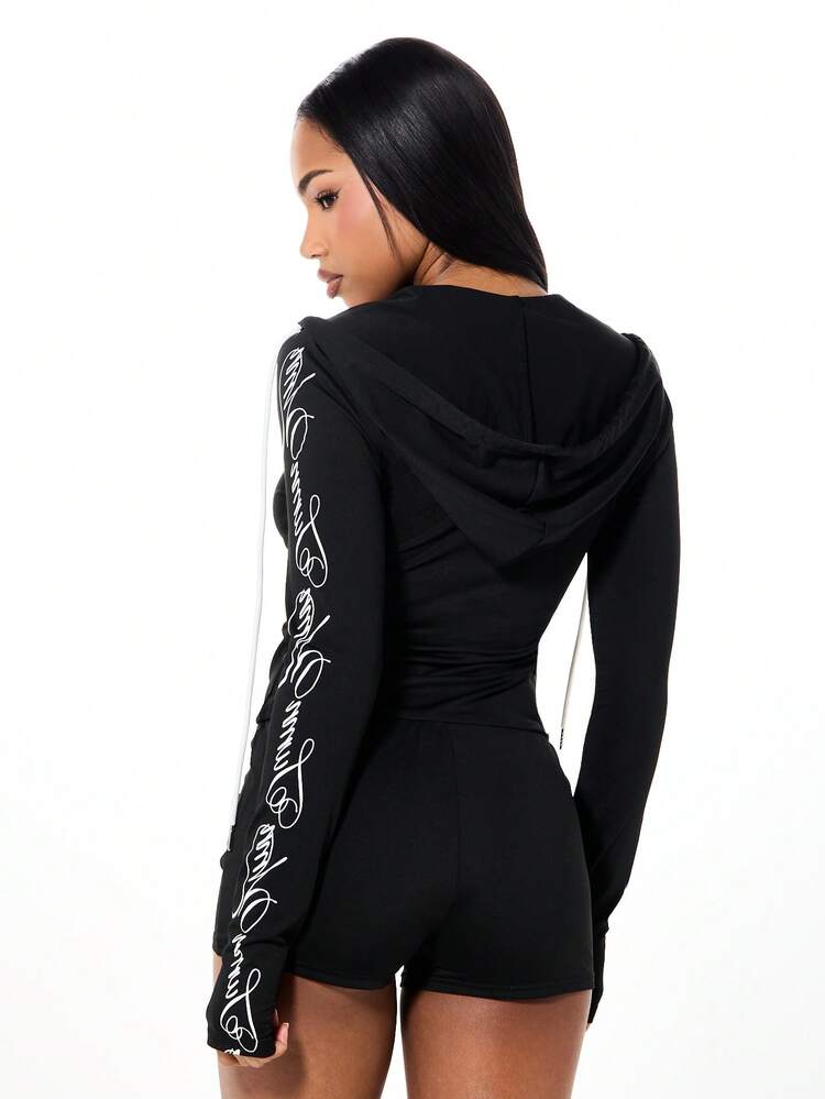 SUMWON WOMEN Long Sleeve Hooded Script Print Unitard