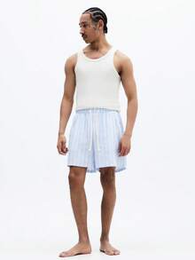 SUMWON Pantalones cortos de verano casuales de corte regular con cintura con cordón, rayas verticales y bolsillos laterales para playa, vacaciones y uso relajado - Azul y blanco - Ver 4