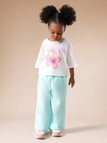 SUMWON Girls Graphic T-Shirt And Wide Leg Pants Co-Ord Set With California Floral Print Summer Casual Two Piece Outfit - Green - View 7