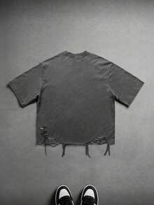 ROMWE MEN Men's Street Style Distressed Diamond Embellished Washed T-Shirt - Grey - View 3