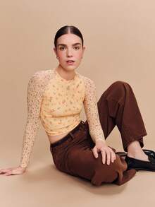 lacRébo Butter Yellow Floral Print Mesh Top With Contrast Long Sleeves Spring Summer Vacation - Yellow - View 1