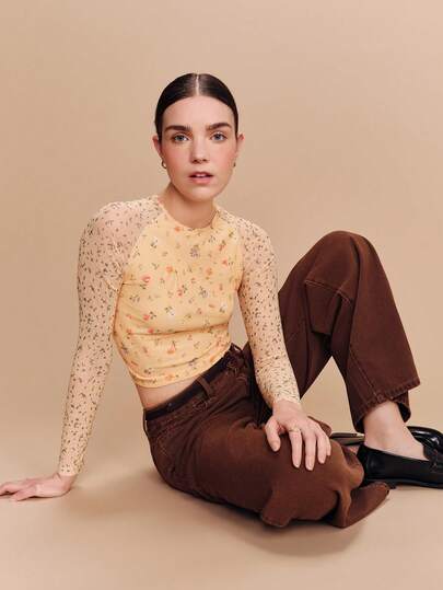 lacRébo Butter Yellow Floral Print Mesh Top With Contrast Long Sleeves Spring Summer Vacation