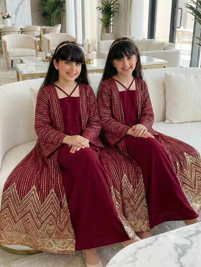 SHEIN Conjunto de chaqueta y vestido para niñas preadolescentes, de tela texturizada con estampado metálico, cómodo, elegante y de apariencia lujosa