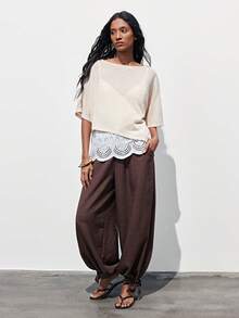 Maija 女士纯色抽绳腰带口袋休闲宽松哈伦裤，适合夏季假期、春季、情人节、沙滩、海滩、度假、夏季假期、女士度假、休闲裤、棕色裤子、宽松舒适的阔腿裤、圣帕特里克节女士复活节夏季复活节派对上衣夏季假期女士度假夏季外出毕业休闲 - 咖啡棕 - 查看 8