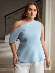 ZEYLAH Blusa elegante de talla grande para mujer con diseño de hombro oblicuo, cremallera lateral y volante en el bajo - Azul - Ver 4