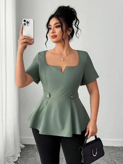 Elenzga Plus Size Women's Elegant Casual Versatile Square Neck Short Sleeve Shirt, Spring/Summer, Mint Green