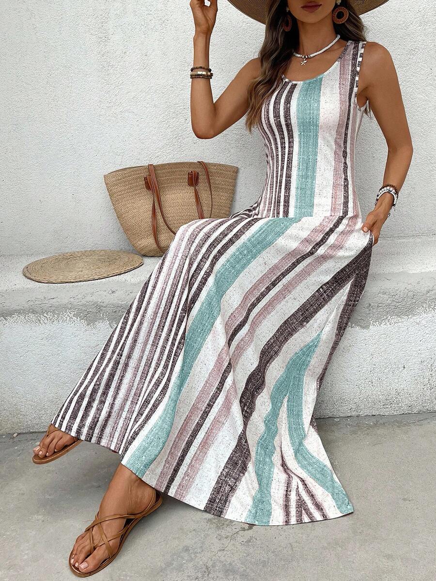 Breezaya Women's Casual Striped Round Neck Sleeveless Dress, Suitable For Vacation - Aqua Blue - View 1