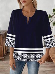 EMERY ROSE 女士七分袖V领工作衬衫，春秋季 - 藍色 - 查看 5