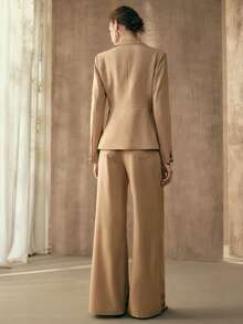 SHEIN Unity بدلة فاخرة من قطعتين بلون الجمل، مجموعة أنيقة شبه رسمية للخريف مع تطريز أسود، بليزر بياقة مدببة منحوتة & بنطلون واسع الساق بخصر عالي - كاكي - مشاهدة 3