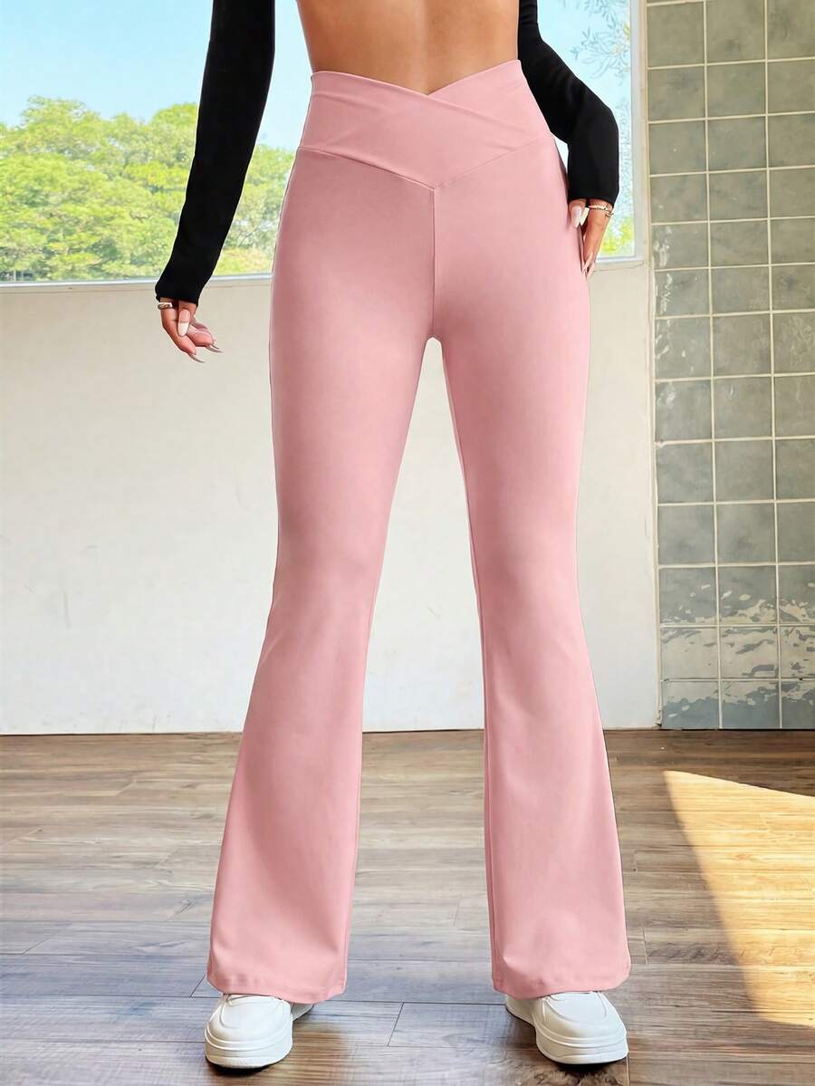SHEIN EZwear 女士休闲高腰喇叭粉色长裤，春夏款 - 粉色 - 查看 1