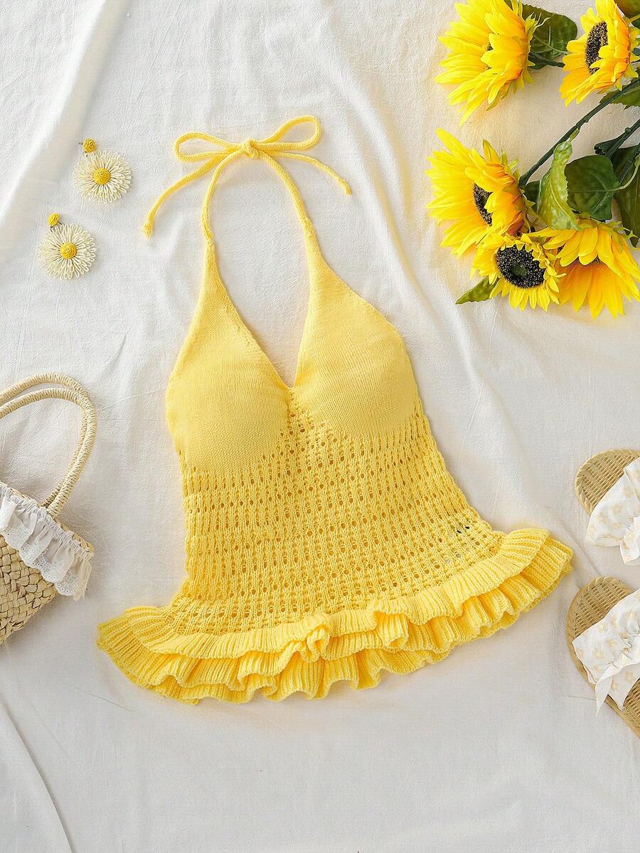 INAWLY Women's Solid Color Minimalist Everyday Sexy Criss-Cross Camisole - Yellow - View 1