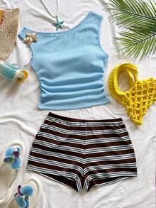 Soleia 新款休闲度假西部海滩婚礼宾客着装毕业早午餐女士圣帕特里克节春假复活节音乐节优雅波西米亚热带风情棕色纹理毛绒不对称肩部花卉露背两件套 - 彩色 - 查看 1