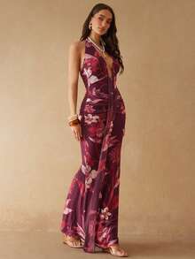 Silquee Women's Summer Vacation Casual Halter Backless Floral Print Dress - Rusty Rose - View 5