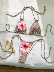 Swim Mod Women's Floral Plaid Halter Print Beach Vacation Bikini Two Pieces Swimsuit, Spring/Summer - Multicolor - View 4