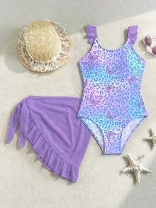 Tween Girls' Leopard & Butterfly Print Beach Vacation Swimsuit 2 Pieces Set - Multicolor - View 3