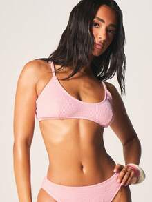 MISSGUIDED Crinkle Textured Ribbed Bikini Top With Halter Straps And Triangle Design For Beach Summer Vacation Poolside Swimming - Baby Pink - View 1