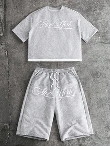 AXEPEAK Men's Casual Fashion Street Daily Commute Letter Print Drop Shoulder Loose T-Shirt And Drawstring Waist Shorts Set, Summer - Light Grey - View 2