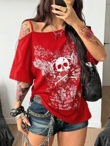 Coolane Women's Summer Streetwear Y2K Goth Skeleton Graphics Loose Red And White T-Shirt,Grunge Concert Top, Skull Clothing Red Graphic Tees - Red - View 6