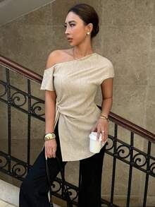 Siren Gaze Elegant Unique Blouse, High-Quality Bat Wing Linen Shirt For Women, Summer Oblique Collar Shirt, Chic Off Shoulder Linen Blend Top With Side Tie Details And Slim Fit Design, Women's Social Blouse, Commuter Shirt, Elegant Women's Blouses, Vacation, Party, Summer Casual Beige Top One Shoulder Top Front Tie Top One Shoulder Blouse Front Tie Blouse One Sleeve Top Greece Vacation Outfits Women Women's One Shoulder Top - Apricot - View 3