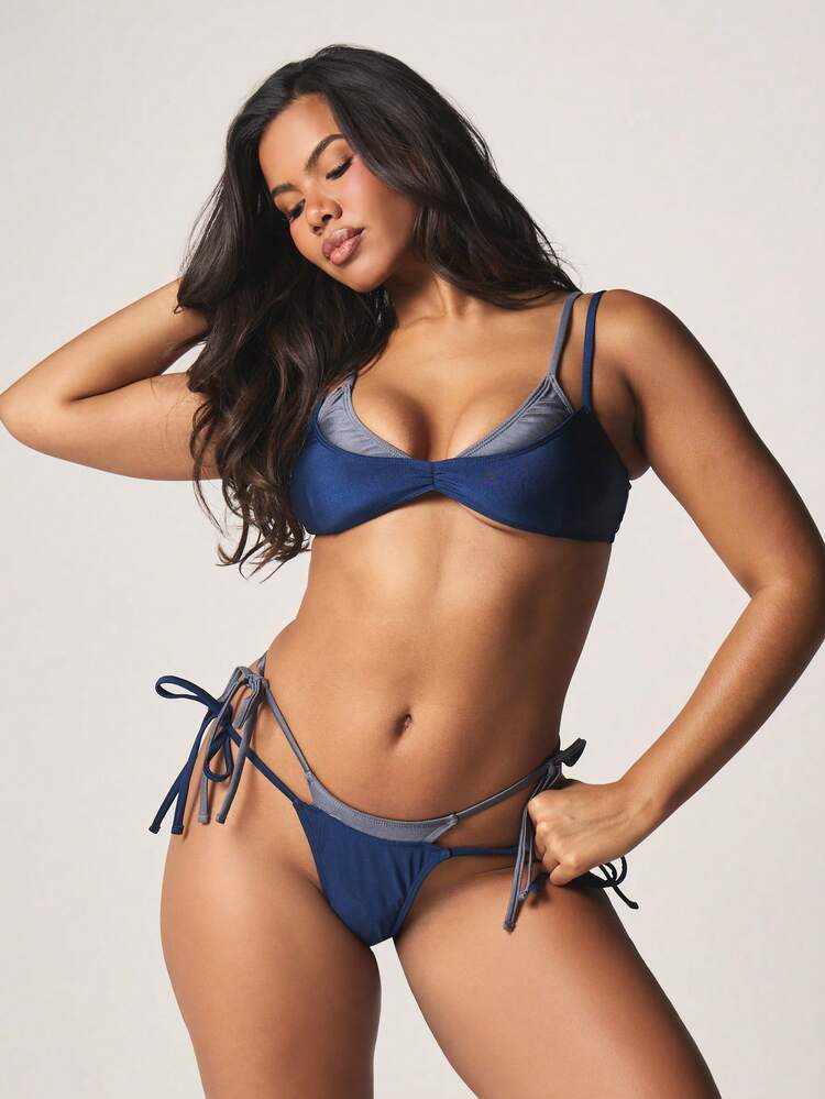 MISSGUIDED Bikini a due pezzi con dettagli a contrasto, parte inferiore con lacci laterali, adatto per vacanze al mare in estate