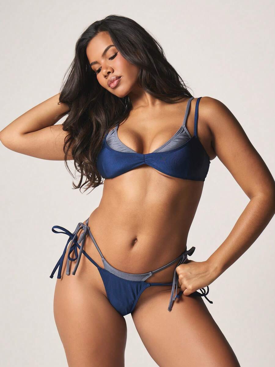MISSGUIDED Double Layered Triangle Bikini Set With Contrast Trim Detail Side Tie Bottoms Two Piece Swimwear Beach Vacation Summer - Multicolor - View 1