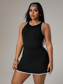 SHEIN Sports Gaun Olahraga Tanpa Punggung Berbahan Jala dengan Panel Blok Warna untuk Wanita dari Rhythm Era, Dilengkapi Celana Pendek Terintegrasi - Hitam - View 5
