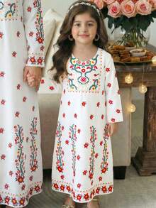 SHEIN Young Girl Floral Print Round Neck Long Sleeve Dress, White Autumn Family Matching Traditional Arabic Dress, Modest Kaftan Young Girls Jalabiya Abaya - Multicolor - View 7