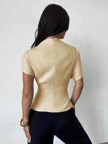 Firerie Crinkle Collar Asymmetrical Sleeve Side Ruched Waist Slim Fit Apricot Bamboo Linen Fabric Blouse For Women, All Season - Champagne - View 3