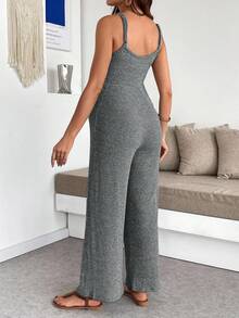 SHEIN 孕妇纯色罗纹休闲日常度假连体裤 - 深灰色 - 查看 2