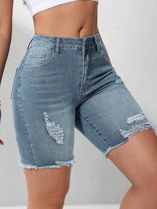 Flexra Women's Casual Versatile Everyday Denim Shorts With Pockets And Button Distressed Design - Light Wash - View 4