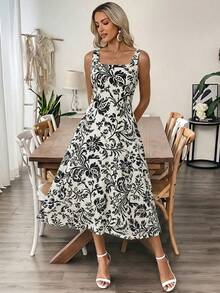 EMERY ROSE Đầm midi nữ in hoa, kiểu dáng thường ngày, thích hợp cho kỳ nghỉ hè. - Màu be - Xem 4