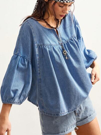 Bohemela 新款女士牛仔上衣，休闲宽松水洗灯笼袖套头牛仔衬衫，蓝色Y2K波西米亚风上衣，适合音乐节、夏季春季、海滩度假等场合穿着。