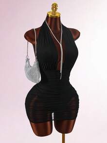 Amplova Vestido de fiesta ajustado sin espalda con adornos de strass sin mangas - Negro - Ver 7