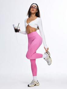 SHEIN European & American Seamless Peach Butt Yoga Pants For Women, High Waist Ruched Tummy Control Lifting Leggings - Pink - View 5