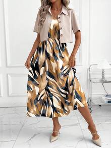 SHEIN Clasi Bộ đồ hai mảnh thanh lịch dành cho nữ, áo sơ mi ngắn tay và áo hai dây thiết kế âm dương thoải mái, trang phục thường ngày, mẫu mới cho mùa thu. - Màu vàng - Xem 4