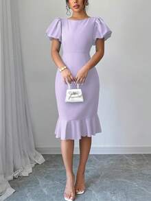 Selianne Đầm hè trơn màu, cổ tròn, eo xếp ly, tay xòe, kiểu dáng thường ngày. - Màu tím hoa cà - Xem 6