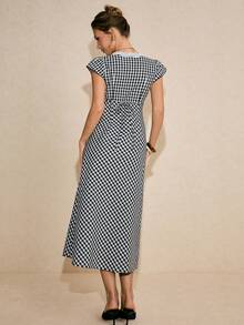 Poéselle 女士黑白格纹梭织中长连衣裙，饰有蝴蝶结 - 黑與白 - 查看 7