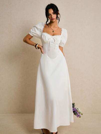 Poéselle Women's White Puff-Sleeve Corset-Back Maxi Dress – Romantic Milkmaid Cottagecore Bridal Sundress Cottagecore White Dress Milkmaid Maxi Dress Puff Sleeve Summer Dress Corset Back Gown Bridal Shower Dress Solid Color Lace Twist Design Elegant Waist Cinched Long Party Dress French Dresses For Women White Western Dress White Corset Dress Puffy Sleeve Dress Milkmaid Dresses White Dress  Wedding Guest Dresses Summer Holiday Outfits