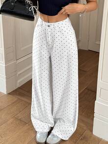 Rivivi 女士休闲波点印花宽松阔腿牛仔裤，适合通勤和度假穿着 - 白色 - 查看 7