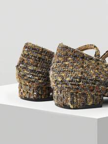 Mnmlis Giày Mary Jane bằng len đơn giản, thời trang, gót thấp, mũi nhọn, kiểu Pháp, dành cho nữ. - Xám nâu - Xem 5